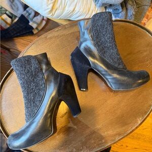 John Fluevog Black Leather and Gray Felt High-Heel Ankle Boots